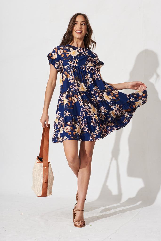 Chiswick Smock Dress In Blue With Blush Floral- full length