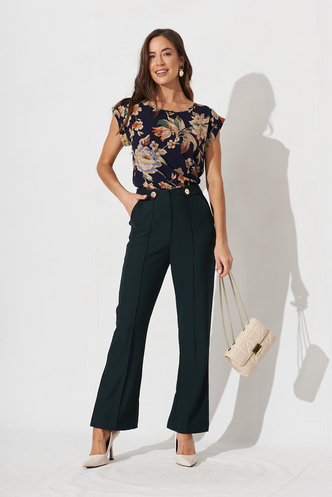 Rejina Top In Navy With Beige Floral Crepe - full length