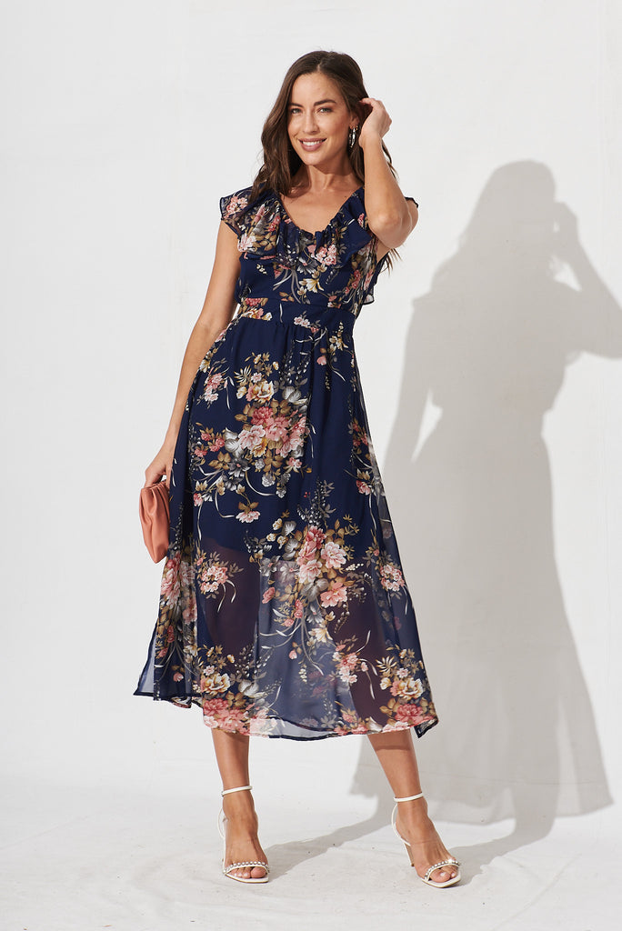 Brittney Midi Dress In Navy And Pink Floral Chiffon – St Frock