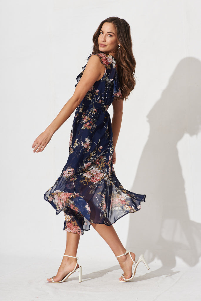 Mischa Maxi Dress In Navy With Pink Floral Chiffon - side