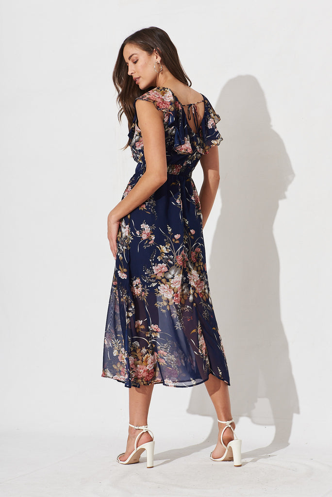 Mischa Maxi Dress In Navy With Pink Floral Chiffon - back