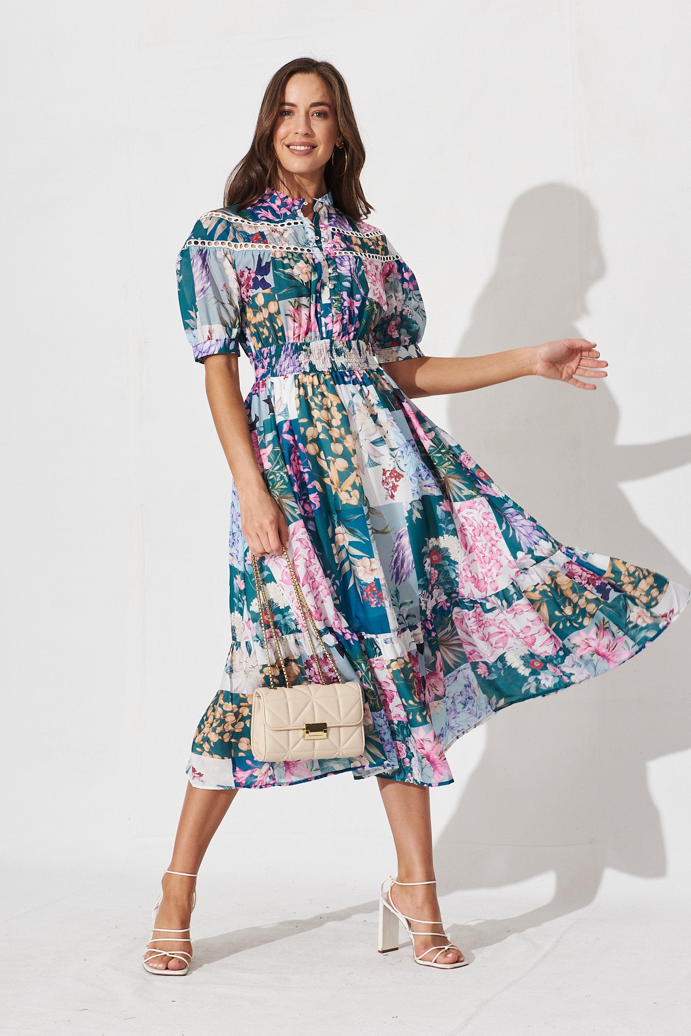 'lynette' cotton gauze floral print tiered midi dress reviews Floral Block Print Cotton Gauze Midi Dress - Deep Neck
