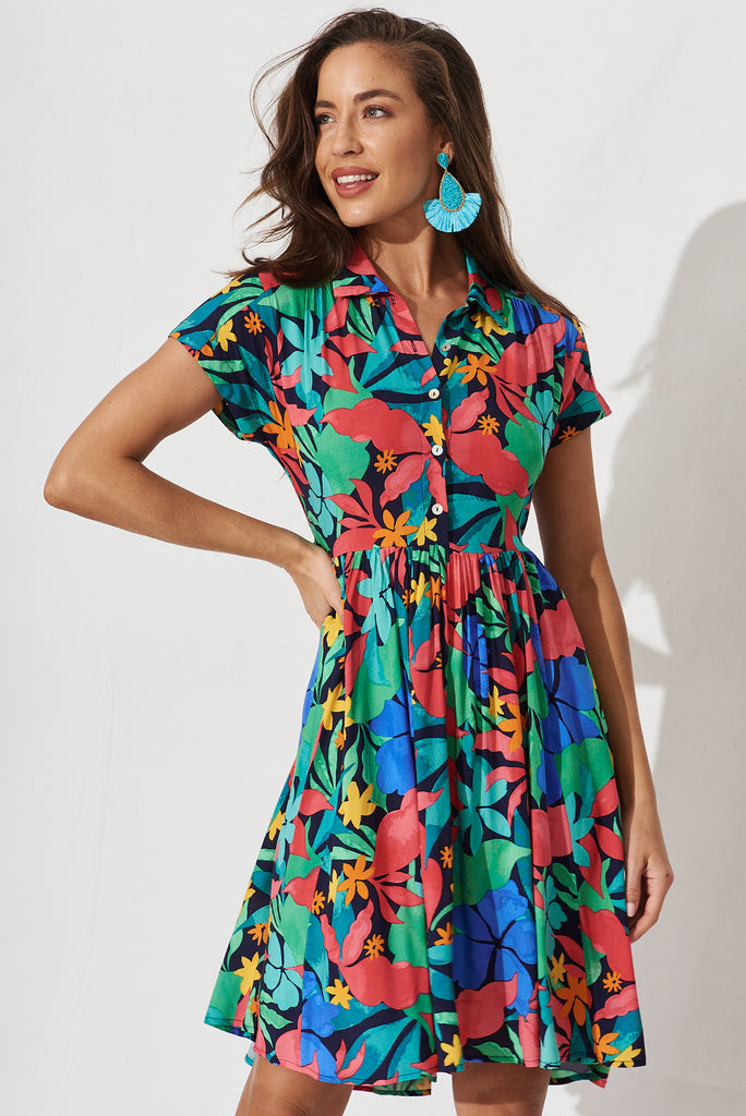 Birdie Shirt Dress In Black With Tropical Multi Leaf - front