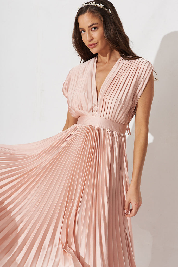 Anetta Midi Dress In Pleated Champagne Satin - front