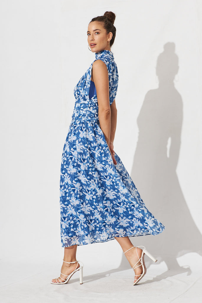 Rosamine Maxi Dress In Blue With White Floral Chiffon - side