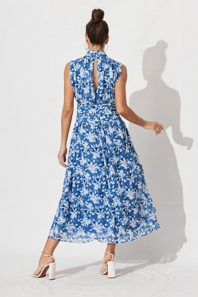 Rosamine Maxi Dress In Blue With White Floral Chiffon - back