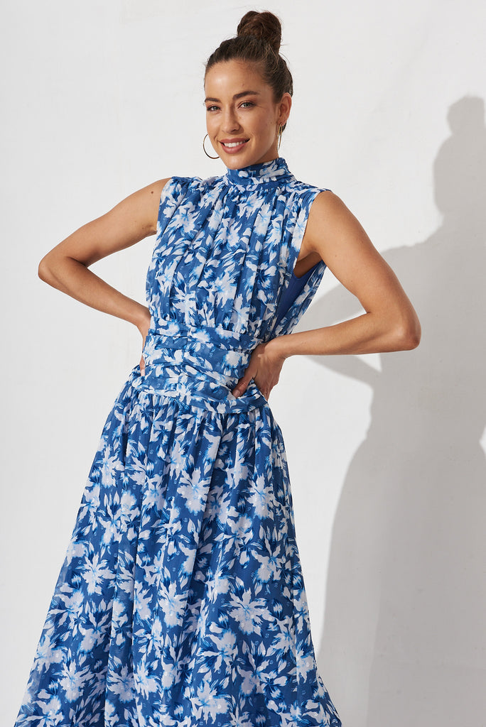 Rosamine Maxi Dress In Blue With White Floral Chiffon - front