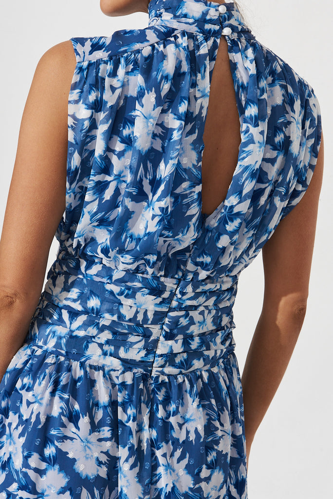 Rosamine Maxi Dress In Blue With White Floral Chiffon - detail
