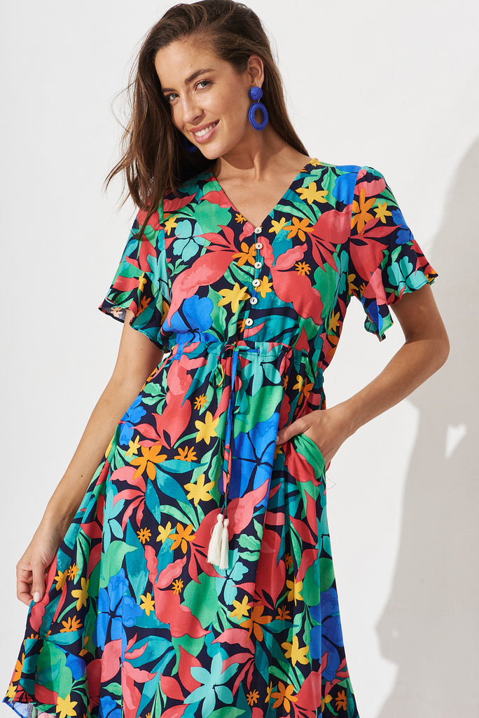 Silvie Midi Dress In Black With Tropical Multi Leaf - front