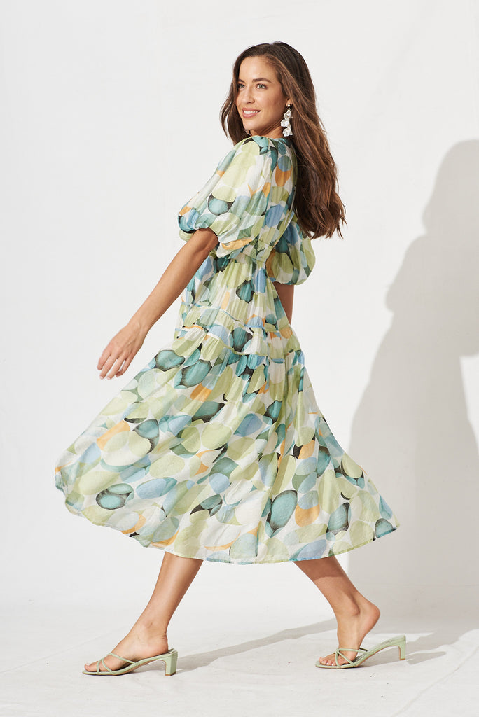 Amalie Midi Dress In Green And Blue Watercolour Print - side