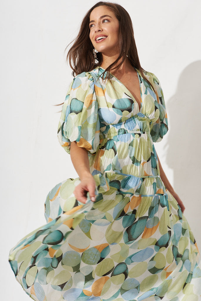 Amalie Midi Dress In Green And Blue Watercolour Print - front