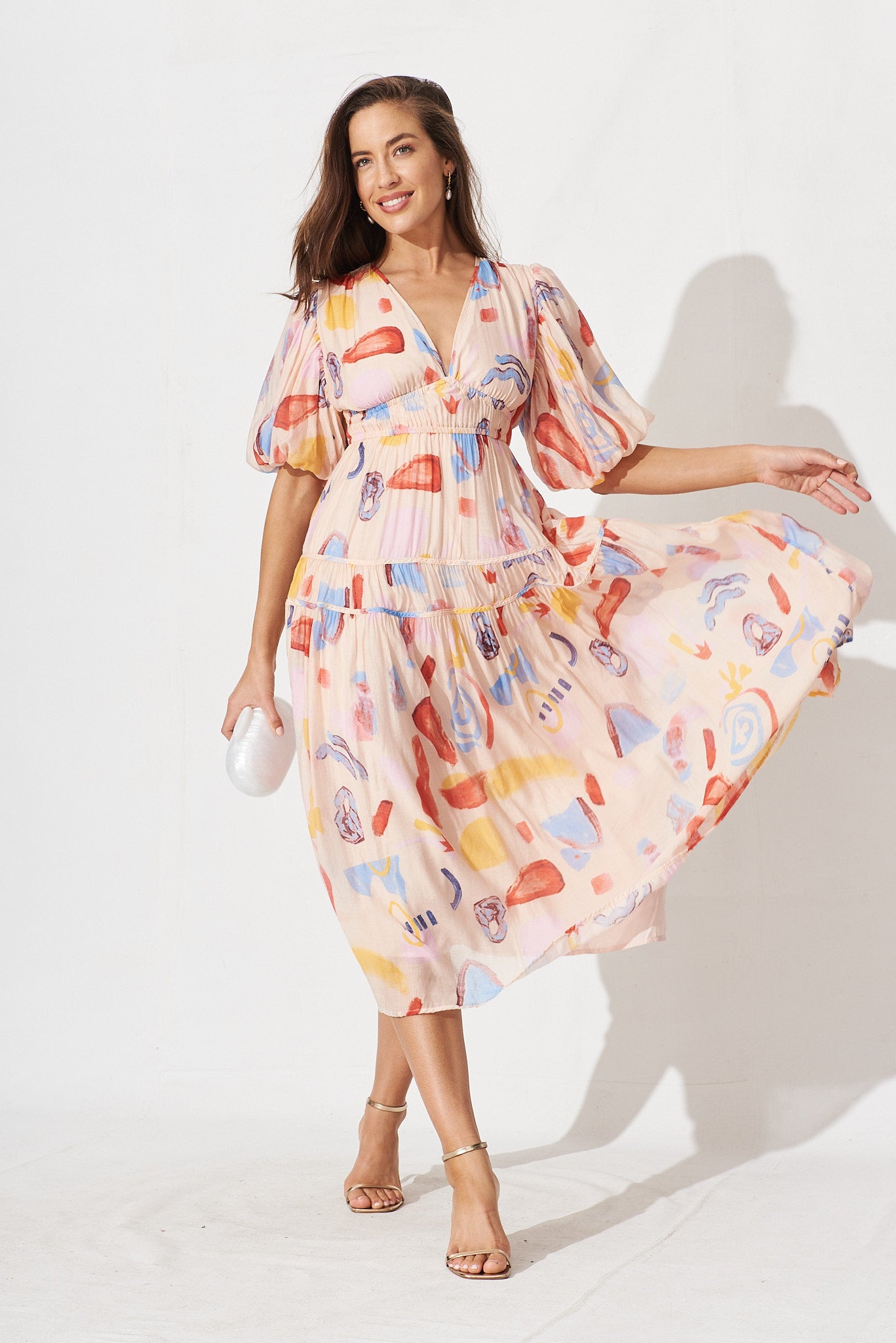 Amalie Midi Dress In Blush And Red Watercolour Print - full length