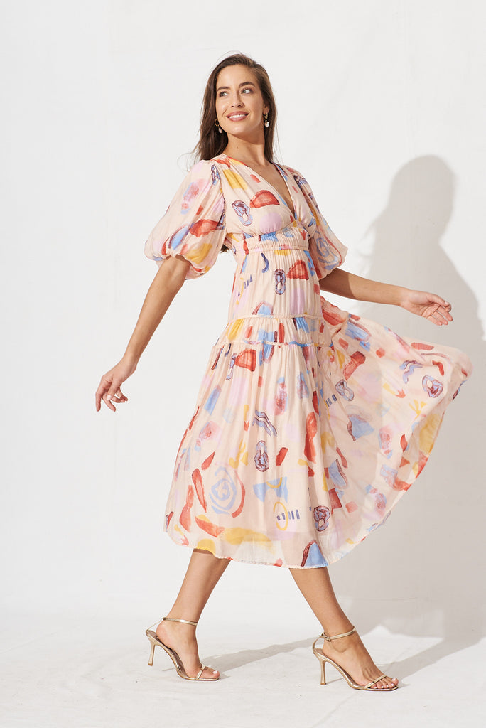 Amalie Midi Dress In Blush And Red Watercolour Print - side