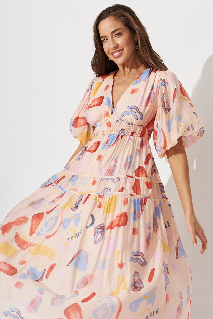 Amalie Midi Dress In Blush And Red Watercolour Print - front