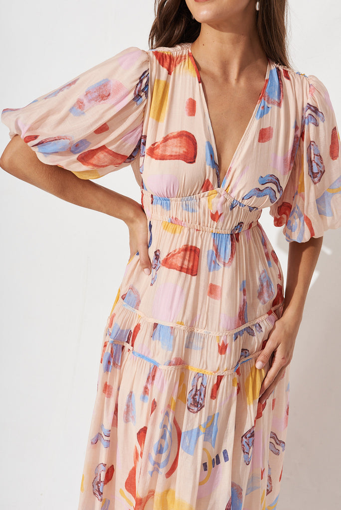 Amalie Midi Dress In Blush And Red Watercolour Print - detail