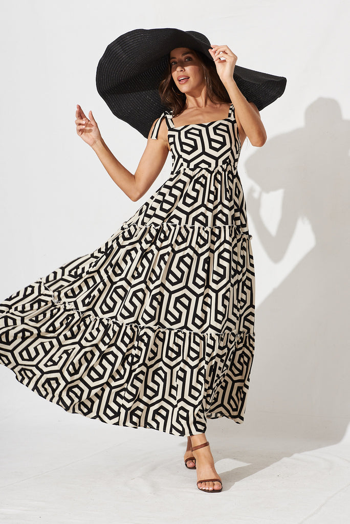 Shreya Maxi Dress In Cream With Black Geometric Print - full length