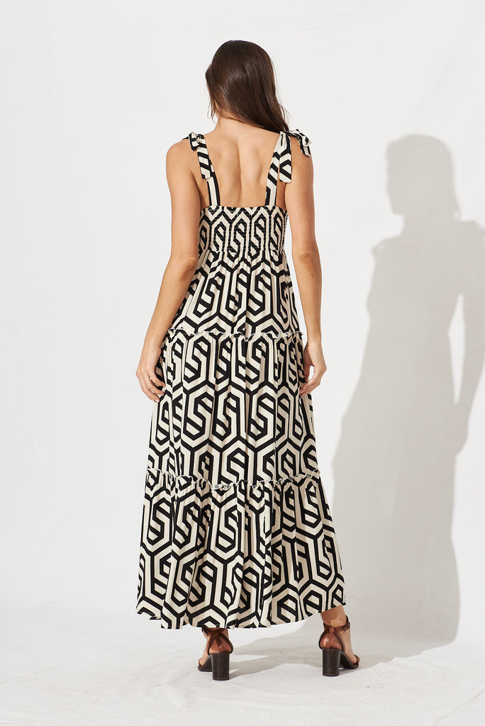 Shreya Maxi Dress In Cream With Black Geometric Print - back