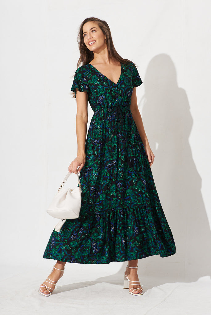 Ingra Maxi Dress In Emerald With Green And Blue Floral - full length