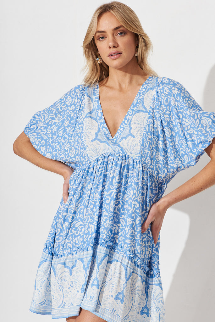 Edeline Dress In White With Blue Boho Floral - front