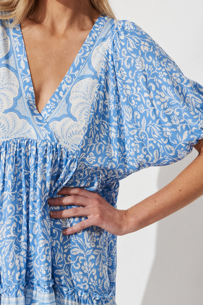 Edeline Dress In White With Blue Boho Floral - detail