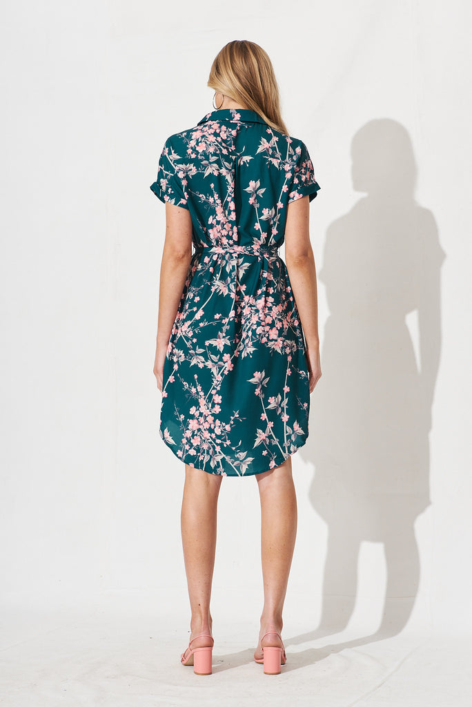 Maddison Shirt Dress In Teal With Pink Cherry Blossom - back