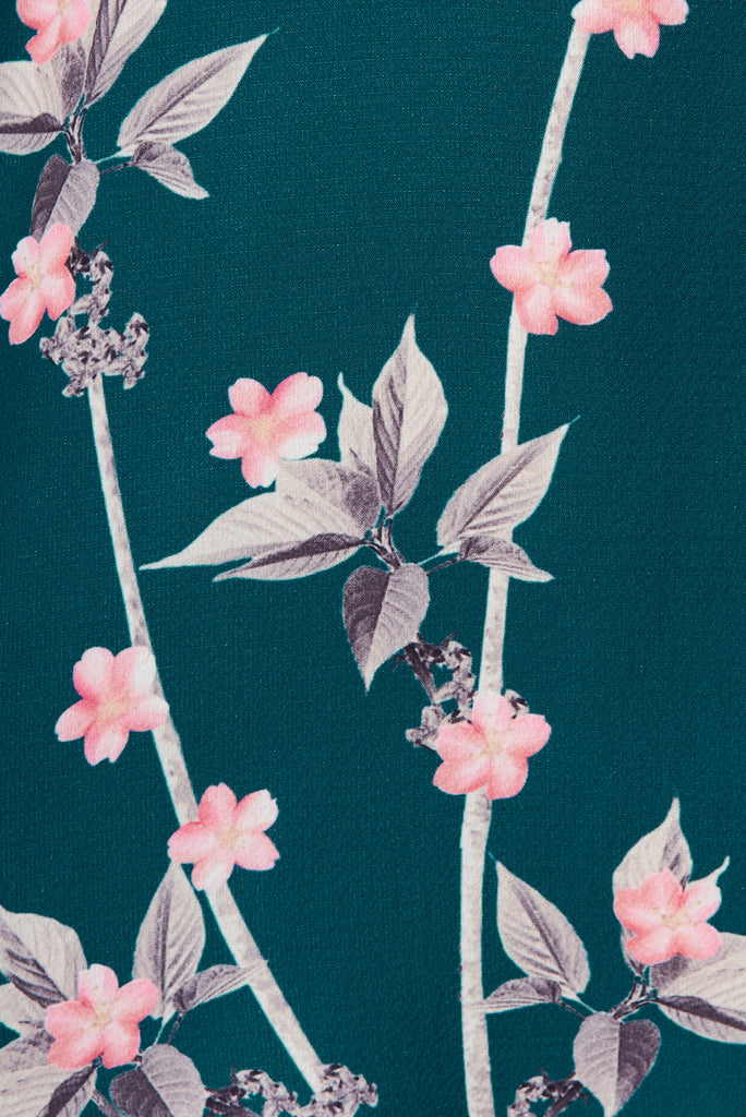 Maddison Shirt Dress In Teal With Pink Cherry Blossom - fabric