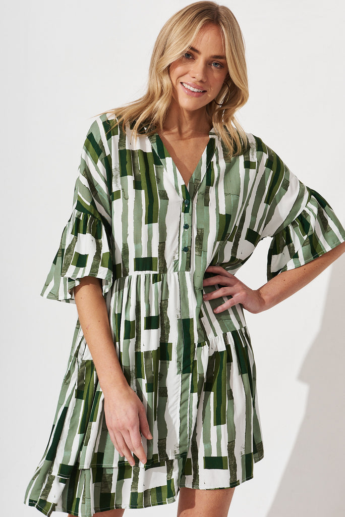 Rasta Smock Dress In Green With White Print - front