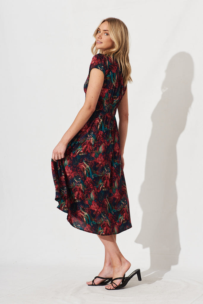 Fernadine Midi Dress In Green And Red Tropical Floral - side