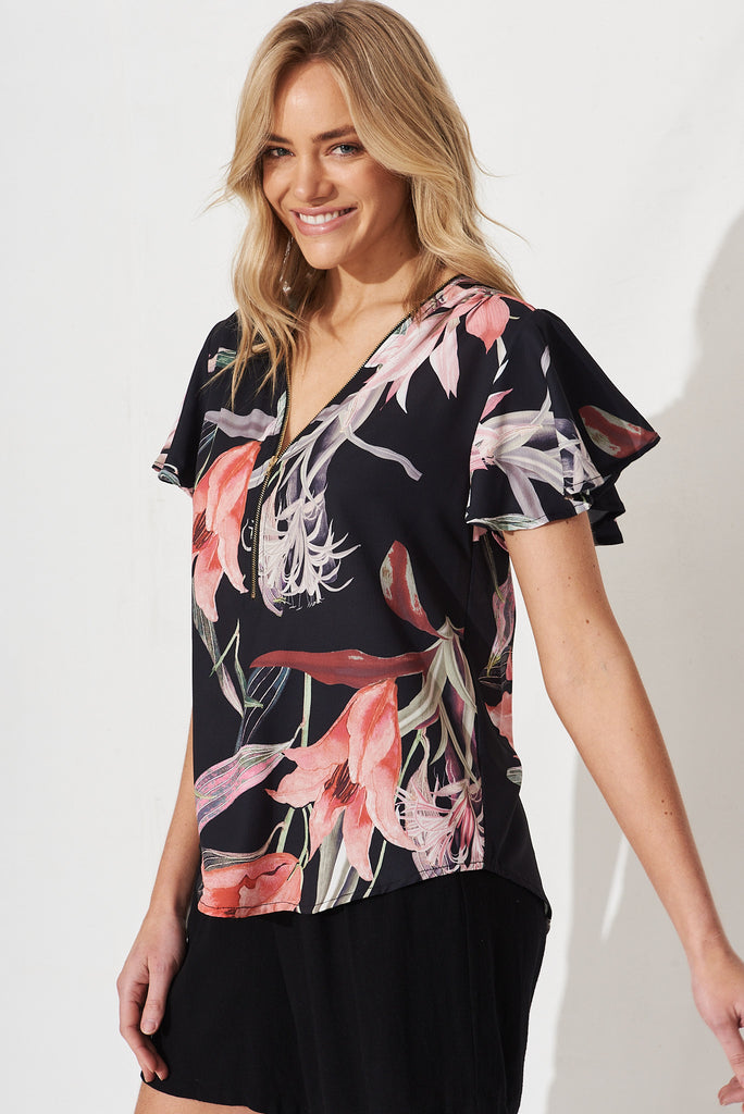 Viviana Top In Black With Pink Tigerlily Floral - side