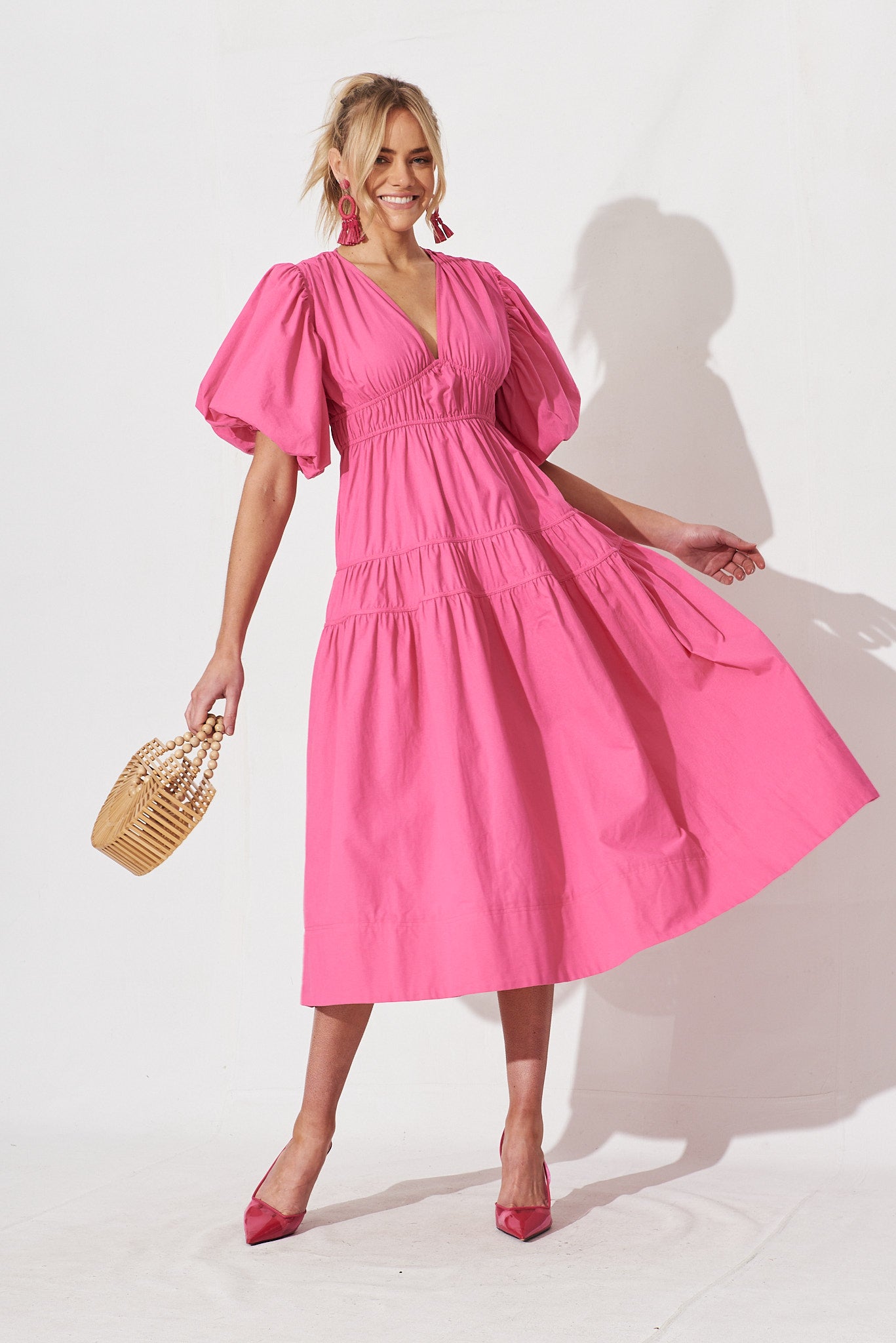 Amalie Midi Dress In Hot Pink Cotton - full length