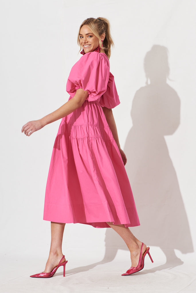 Amalie Midi Dress In Hot Pink Cotton - side