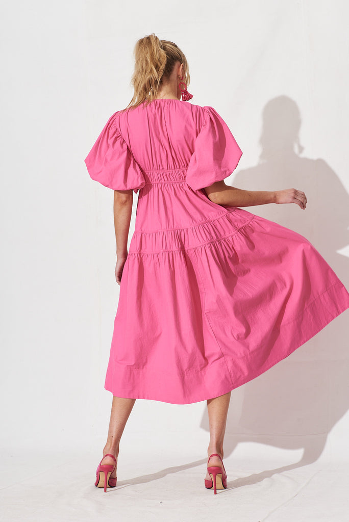 Amalie Midi Dress In Hot Pink Cotton - back