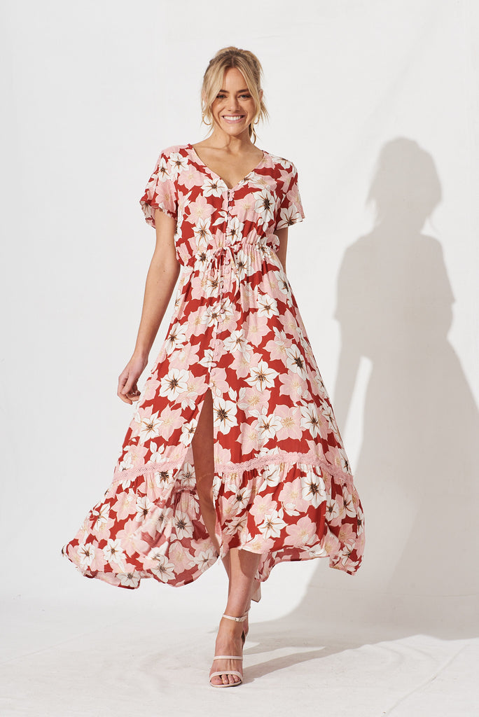 Abella Maxi Dress In Red With Pink Floral - full length