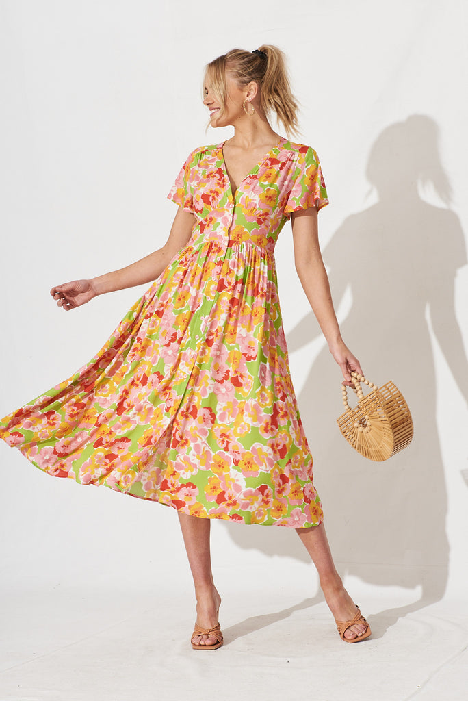 Nikke Midi Dress In Light Green With Pink Floral - full length
