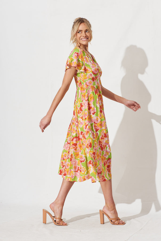 Nikke Midi Dress In Light Green With Pink Floral - side