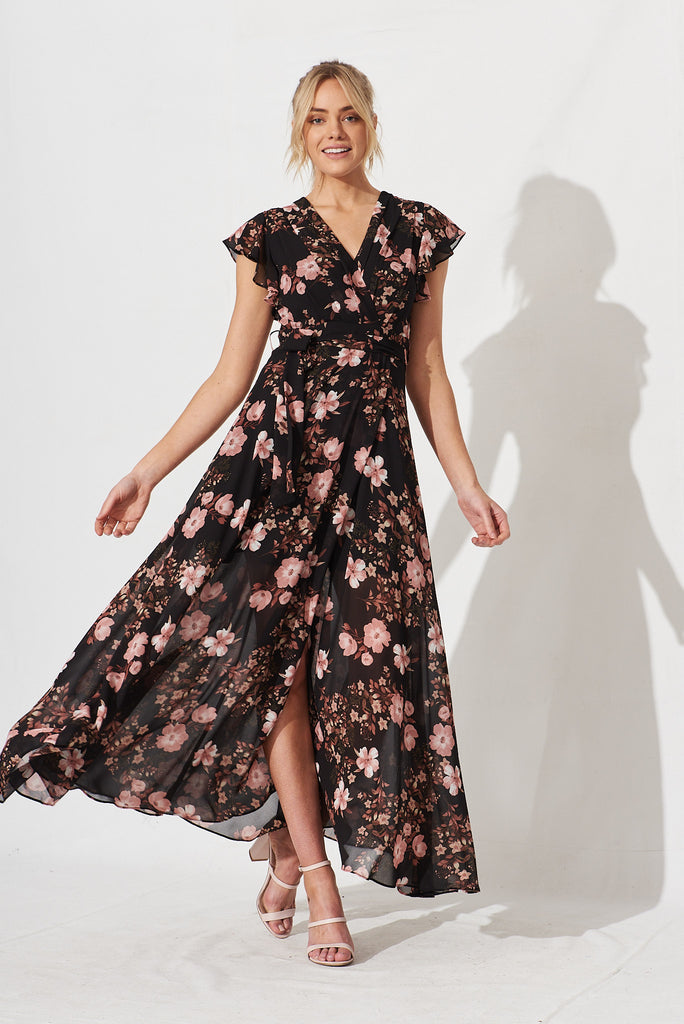 Wynter Maxi Dress In Black With Multi Floral Chiffon - full length