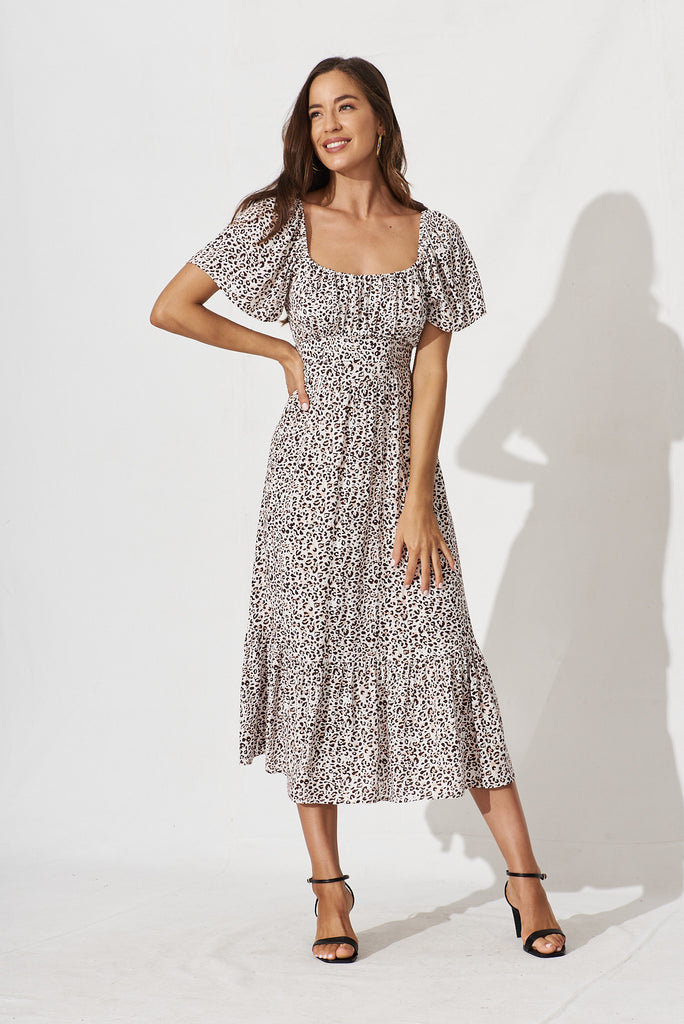 Candie Midi Dress In White With Brown Leopard Print - full length