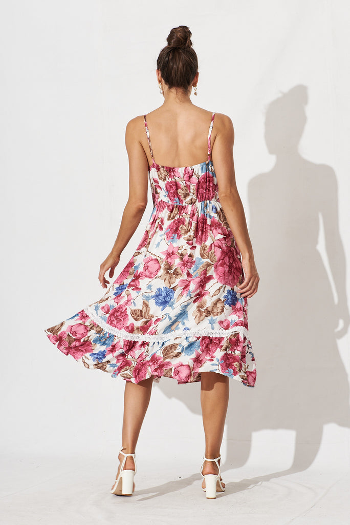 Cherry Midi Sun Dress In Cream With Red Floral - back