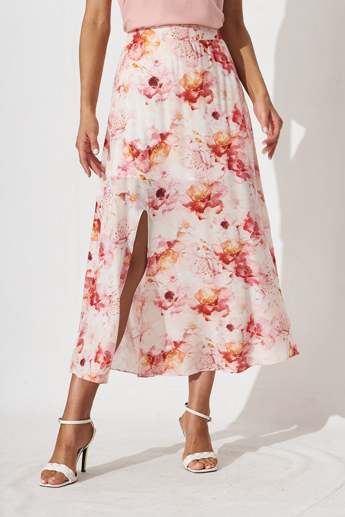 Kairi Midi Skirt In Blush With Pink Floral - front