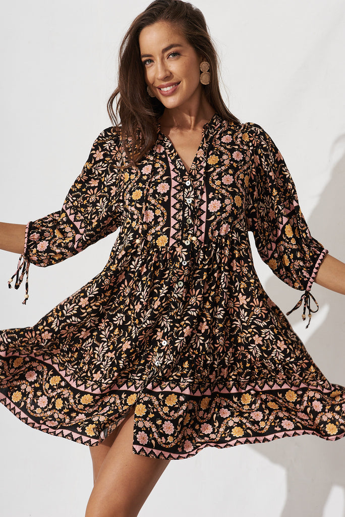 Emelyn Dress In Black With Blush Multi Boho Floral - front