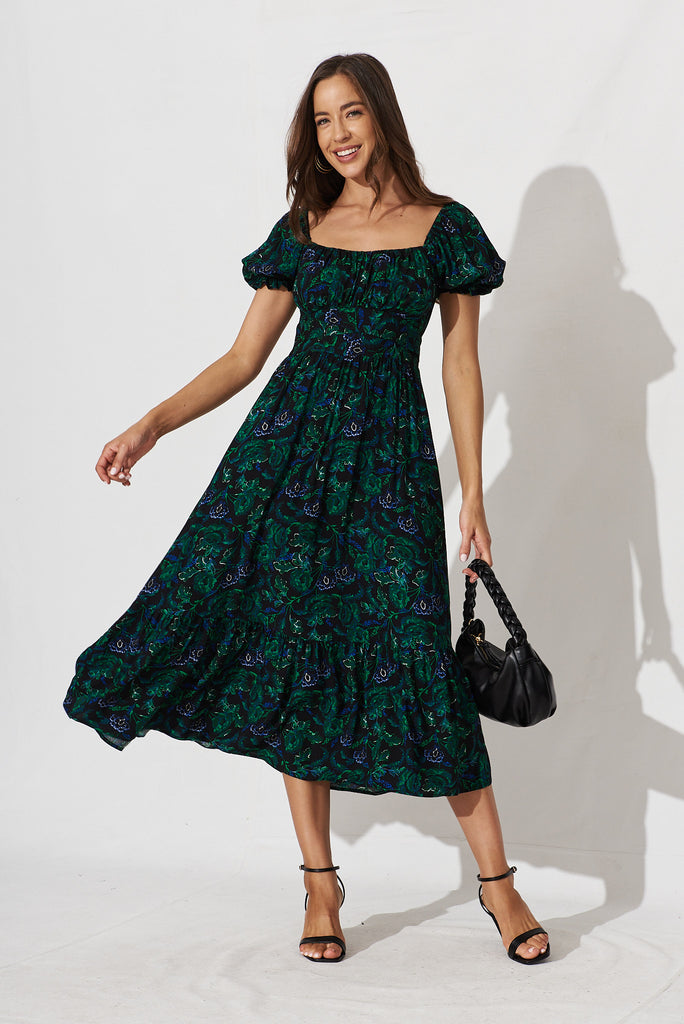 Candie Midi Dress In Emerald With Green And Blue Floral - full length