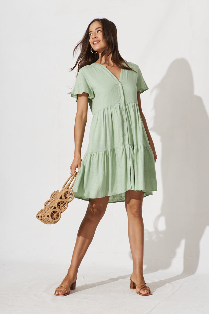 Adeline Shirt Dress In Mint Linen Blend - full length