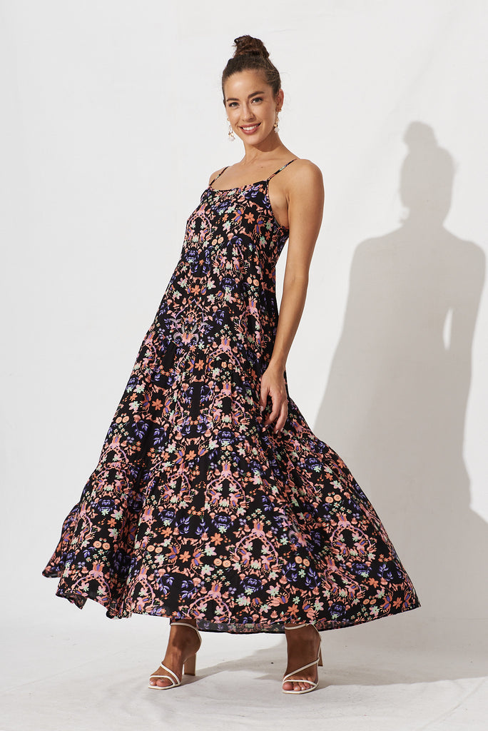 Adelita Maxi Dress In Black With Apricot Floral - full length