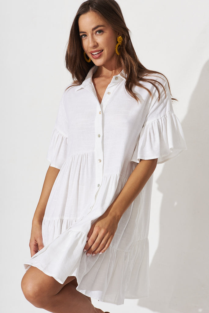 Freya Shirt Dress In White Linen Blend - front