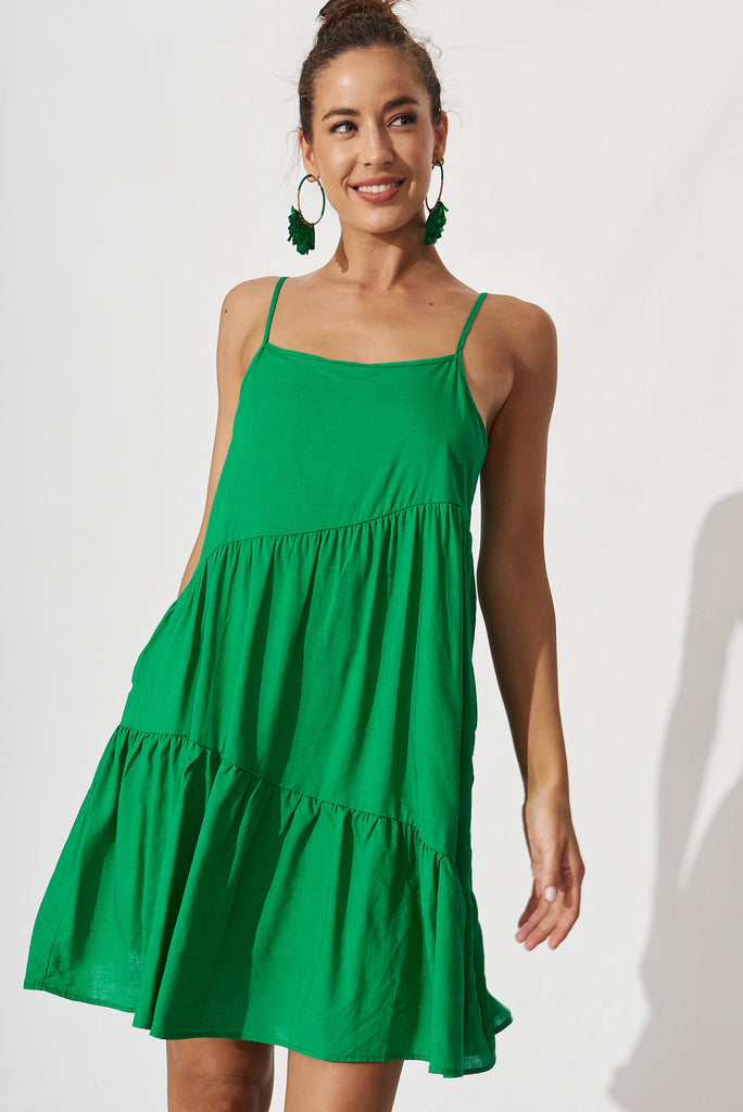 Plyra Sun Dress In Green Linen Blend - front