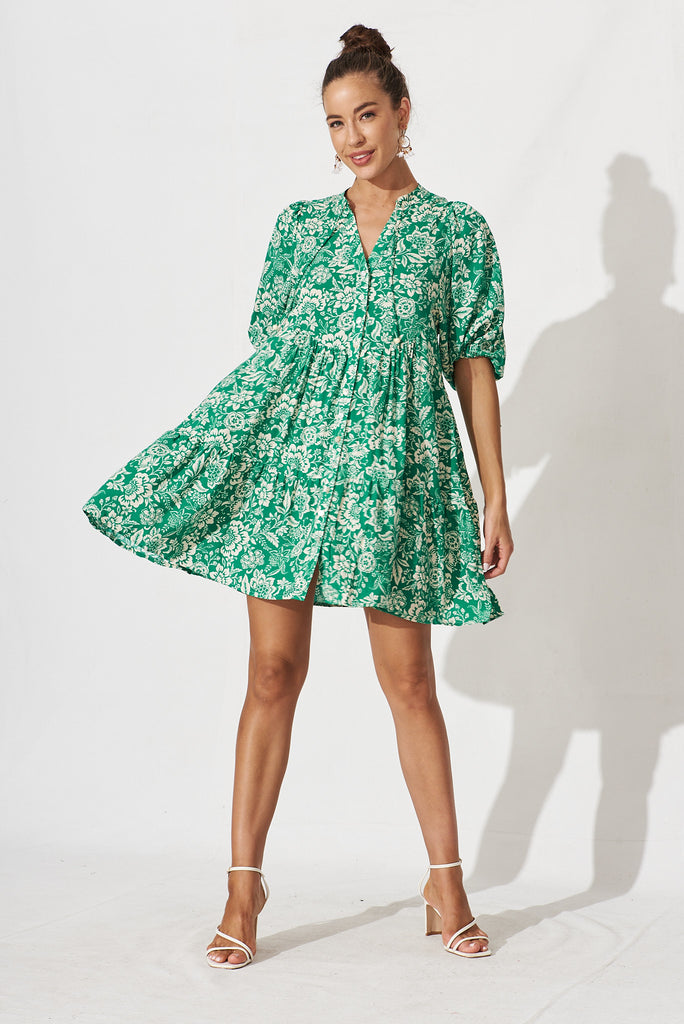 Aine Smock Dress In Green With Cream Floral - full length