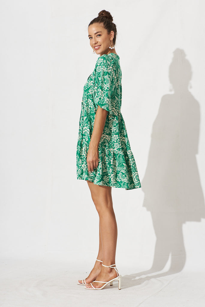 Aine Smock Dress In Green With Cream Floral - side