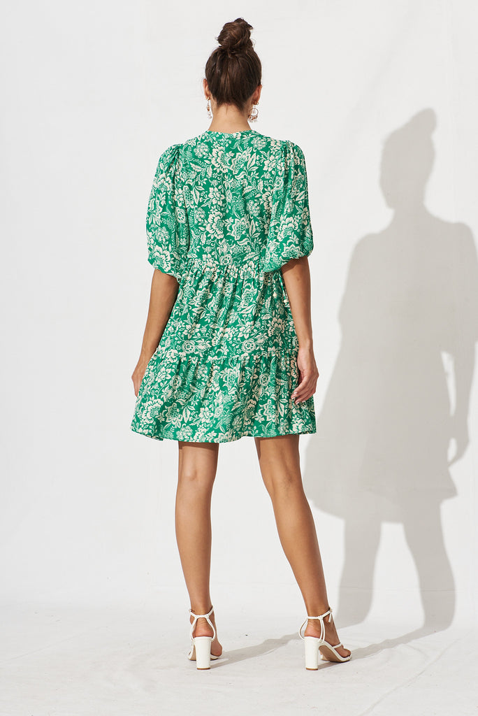 Aine Smock Dress In Green With Cream Floral - back