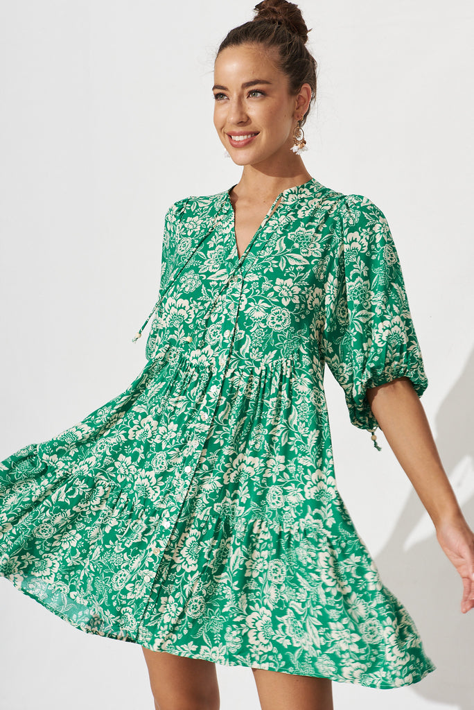 Aine Smock Dress In Green With Cream Floral - front
