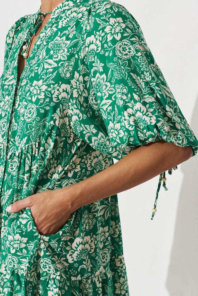 Aine Smock Dress In Green With Cream Floral - detail sleeve